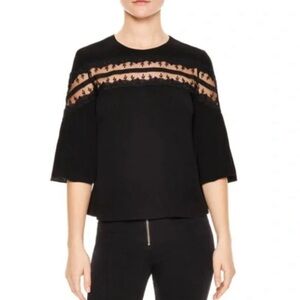 Sandro Adina Braid Lace Inset Blouse Half Flare Sleeve Boxy Top Black Small
